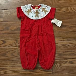 Gingerbread Embroidered Jumpsuit Red Corduroy Christmas Romper Pants Outfit 12m